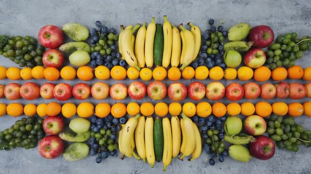 Arrangement of fresh fruits including bananas apples oranges and grapes on a grey surface top view
