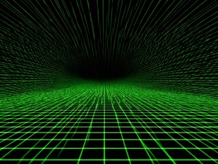 Abstract green glowing digital grid lines creating a futuristic perspective tunnel or wormhole effect on a black background.