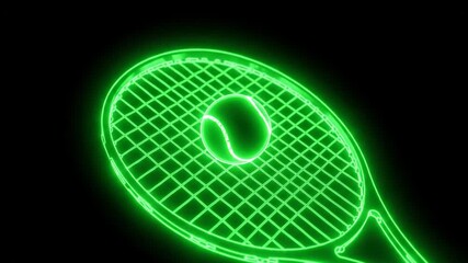 Neon Tennis Racket and Ball on Black Background - A vibrant neon green tennis racket and ball glow brightly against a stark black backdrop. - Powered by Adobe