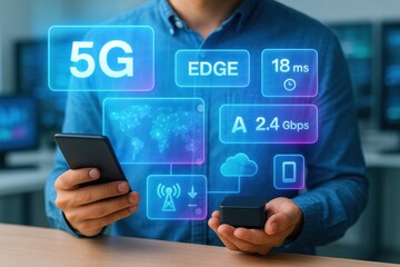 Exploring 5g technology and edge connectivity modern office environment digital interface interactive viewpoint innovation insights