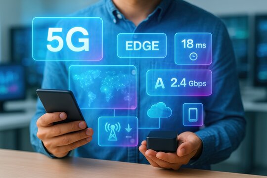 Exploring 5g technology and edge connectivity modern office environment digital interface interactive viewpoint innovation insights