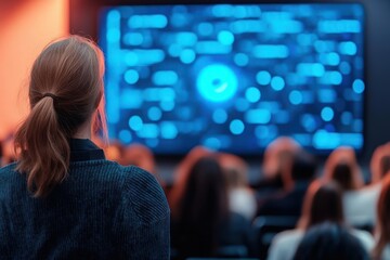 Audience watching a presentation on a large screen with blue digital content in a dimly lit room, focus on a woman with a ponytail in the foreground