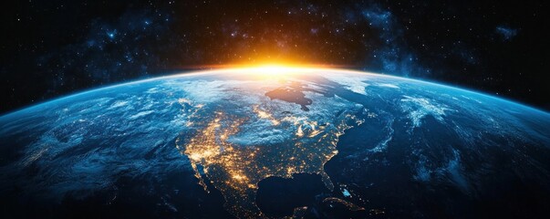 View of Earth from space showing brightly lit North America and a glowing sunrise over the horizon against a starry background