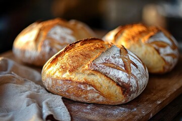 Freshly baked round crusty artisanal bread loaves on wooden board with soft natural light highlighting golden crust and flour dust
