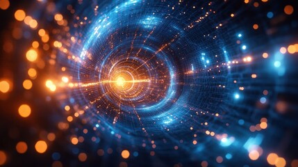Dynamic visualization of a glowing orange and blue tunnel with light particles creating a sense of depth and motion in a futuristic digital environment