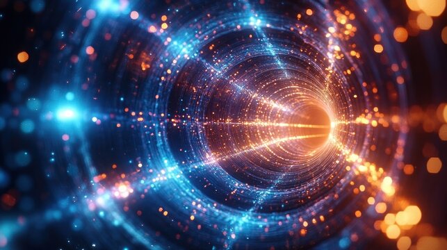Glowing tunnel of digital particles in vibrant blue and orange colors creating a futuristic and dynamic light vortex effect