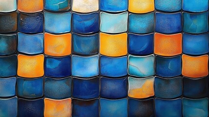 Close-up of colorful textured ceramic tiles arranged in a grid pattern featuring vibrant shades of blue and orange with a slightly worn surface