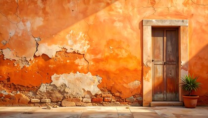Aged orange wall with a wooden door and potted plant