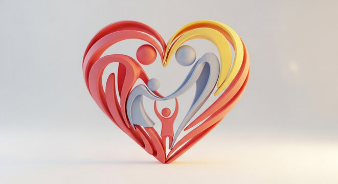 A 3d rendering of a heart shape with a family inside, symbolizing love, unity, and the importance of family bonds isolated on white background