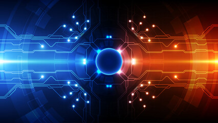 Digital Circuit Board Background: Blue and Red Energy Flow with Futuristic Technology Core