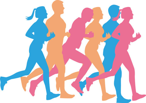 Colorful silhouette runners running together on black background group marathon athletes