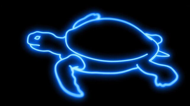Neon Turtle Silhouette - An illustration of a turtle in a blue neon outline on a black background. The turtle is depicted in a minimalist style.