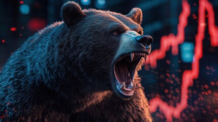 Aggressive roaring bear with open mouth and sharp teeth in front of fluctuating red stock market graph