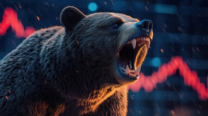 Fierce roaring bear with open mouth showing sharp teeth against a blurred background with downward red graph lines, conveying aggression and intensity