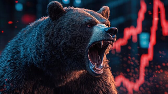 Aggressive roaring bear with open mouth and sharp teeth in front of fluctuating red stock market graph