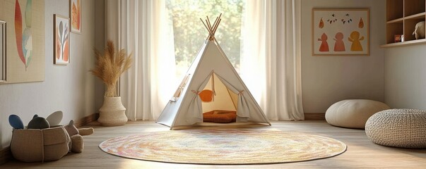 Cozy and bright children's playroom with a fabric teepee tent, circular colorful rug, soft cushions, toy basket, pampas grass in woven vase, and playful wall art