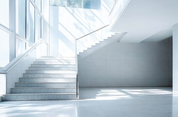 Fototapeta premium Bright modern interior with white marble stairs and large glass windows casting natural sunlight and shadows on clean white floors and walls