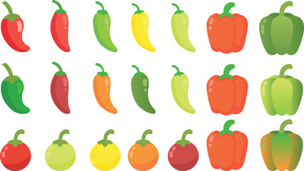  Hot chili peppers set isolated on white background. Chili and Bell Pepper Vector Pack Colorful Food Illustration 