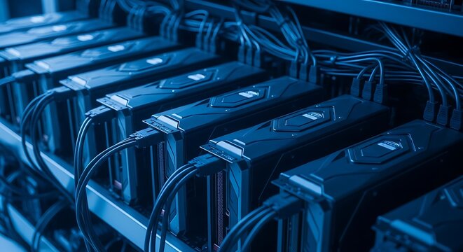 Close-up of a server rack filled with multiple graphics cards connected by cables, suggesting data processing or cryptocurrency mining.