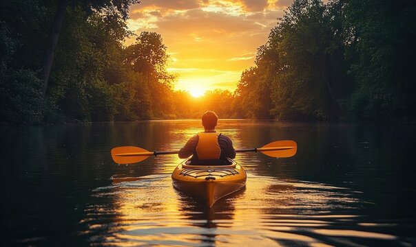 Person kayaking on a calm river surrounded by dense trees at sunset with warm golden light reflecting on the water