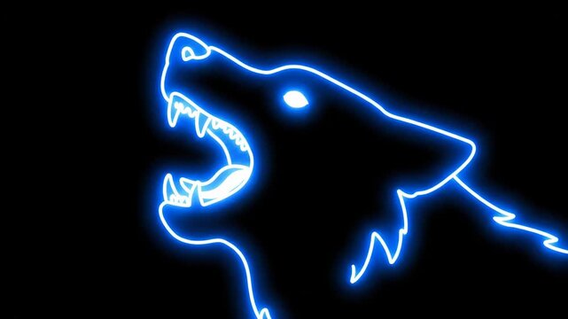 Neon Blue Wolf Silhouette on Black Background - A neon blue outline of a wolf's head, roaring with teeth bared, is set against a solid black background.
