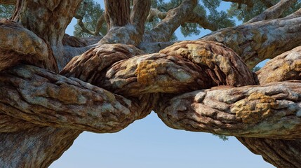 Symbolic image: ancient oak tree with interwoven branches, representing successful corporate collaboration, strength, and enduring partnership.