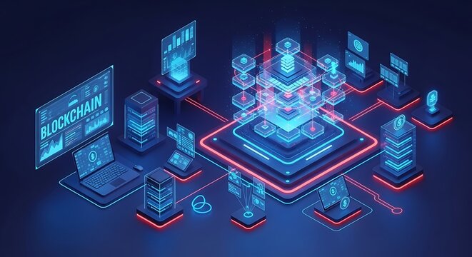 A stylized illustration depicting a digital blockchain network with interconnected data nodes and glowing elements. - Powered by Adobe