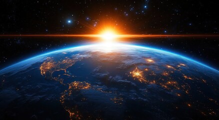 Fototapeta premium Sunrise over Earth from space showing illuminated city lights and detailed land and ocean features under a starry sky