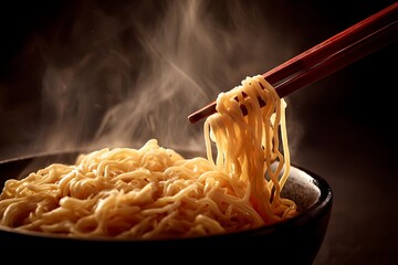Closeup of chopsticks picking up steaming hot ramen noodles from a bowl