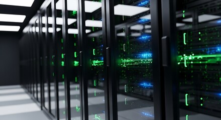 A server room with rows of black server racks displaying blinking green and blue lights.