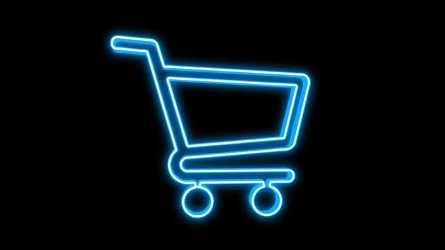 Neon Shopping Cart Symbol - A neon-style shopping cart icon glows a vibrant blue against a solid black background. The video is simple and could represent online shopping, sales, or e-commerce.