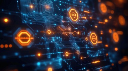 Close-up view of a glowing digital circuit board with blue and orange hexagonal and circular elements emitting light in a dark background, symbolizing technology and connectivity