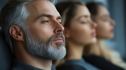 Close-up profile of a mature man with grey hair and beard sitting with two blurred women, all with eyes closed, expressing calmness and meditation
