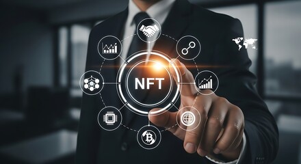 A businessman in a suit interacting with a digital NFT interface, highlighting the concept of blockchain technology.