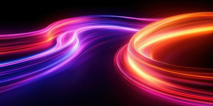 Flowing vibrant neon light trails in shades of orange, pink, purple, and blue against a dark background conveying dynamic motion and energy