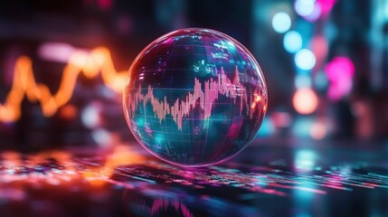 Futuristic glowing globe with digital financial charts and graphs reflecting data trends in vibrant blue, purple, orange and pink colors on a modern abstract background