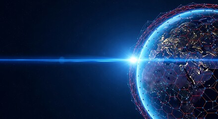 A luminous depiction of Earth with a network overlay, representing global connectivity and data.