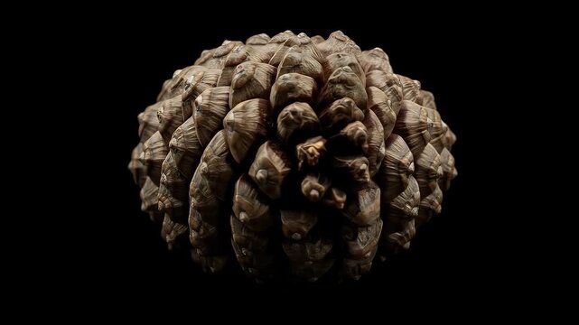 Detailed macro view of a brown pine cone against a black background.