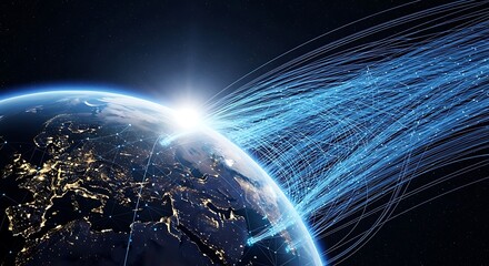 Illuminated Earth with flowing data lines representing global connections and communication.
