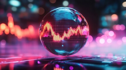 Glowing digital globe with fluctuating financial graph in bright neon colors against a blurred futuristic technological background