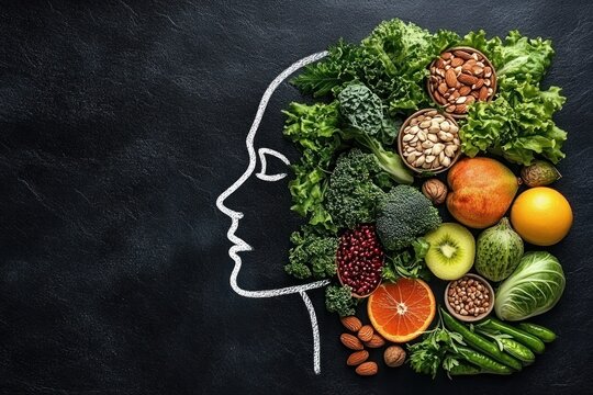 Chalk outline of a human head filled and surrounded by an assortment of fresh fruits, vegetables, nuts, and leafy greens on a dark textured background symbolizing healthy mind and nutrition