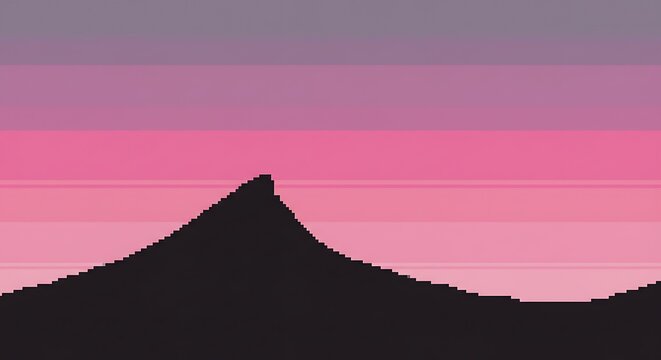 Pixelated mountain against a pink sunset sky