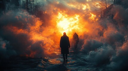 Fototapeta premium Two silhouetted figures walking through a foggy, fiery urban street with intense orange and blue smoke creating a dramatic and mysterious atmosphere