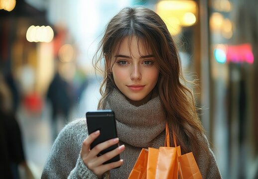 young woman in cozy sweater holding orange shopping bags and looking at smartphone with calm expression in a blurred urban environment