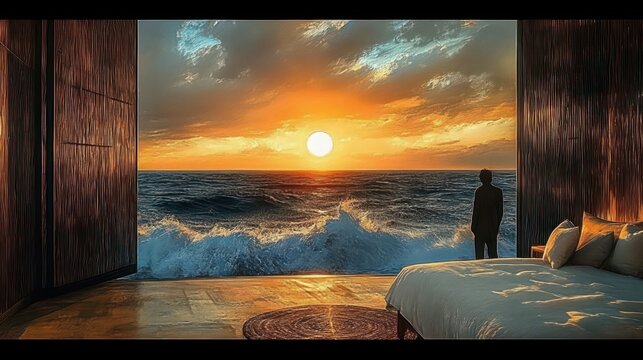 silhouette of person standing by large open window in modern bedroom overlooking ocean with crashing waves and vibrant sunset sky
