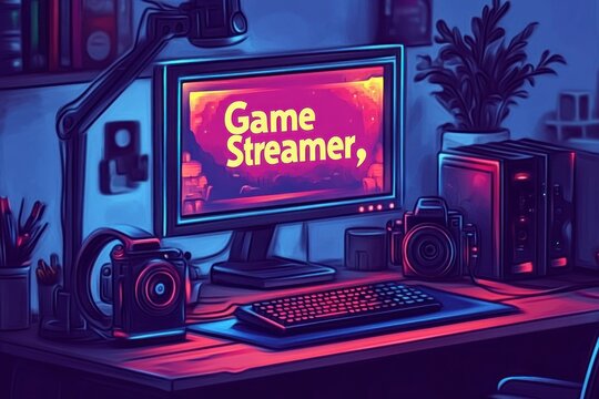 Vibrantly lit gaming and streaming setup with computer monitor displaying text, camera, keyboard, and PC tower surrounded by blue and purple neon ambient lighting