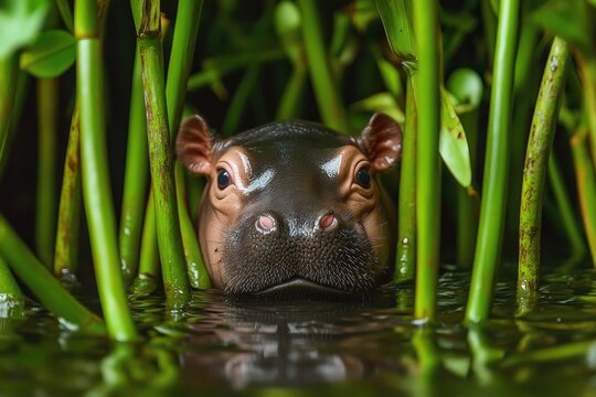 Close-up of a hippo head peeking through green aquatic plants in calm water with a focused, calm expression