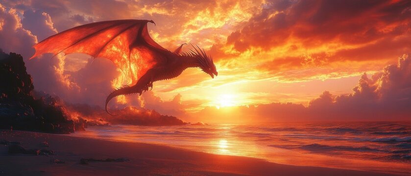 a large dragon with extended wings flying over a beach at sunset with dramatic orange and red clouds illuminating the sky and calm ocean waves below