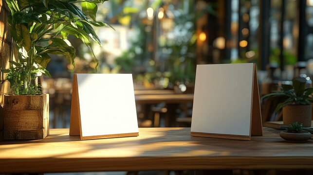 Two blank table tent cards placed on a wooden surface with green plants around in a warmly lit modern indoor setting