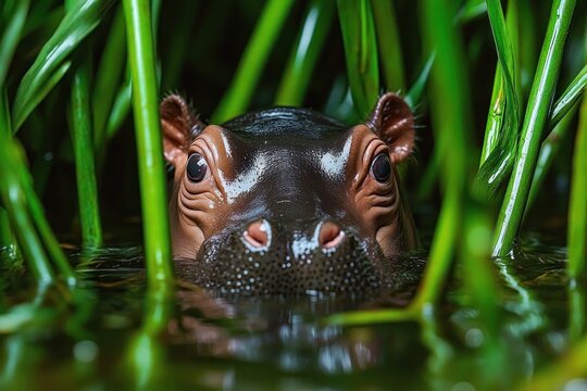 Close-up of a young hippopotamus partially submerged in water surrounded by green reeds and vegetation in a natural habitat